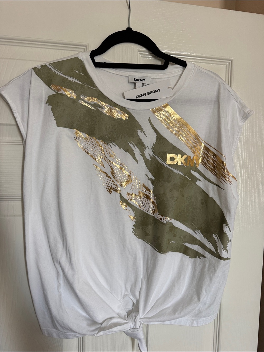 DKNY White Crop Tie-Front Top with Olive and Gold Brushstroke Graphic